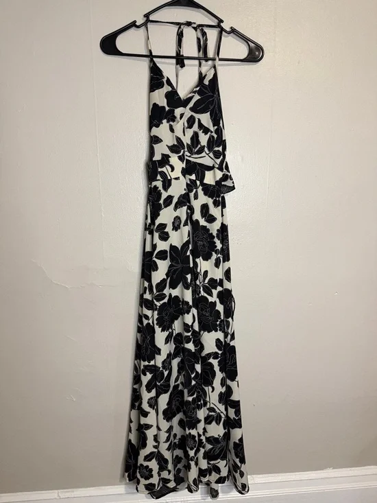 Black and White Floral Halter Maxi Dress with Tie Back - Picture 1 of 4